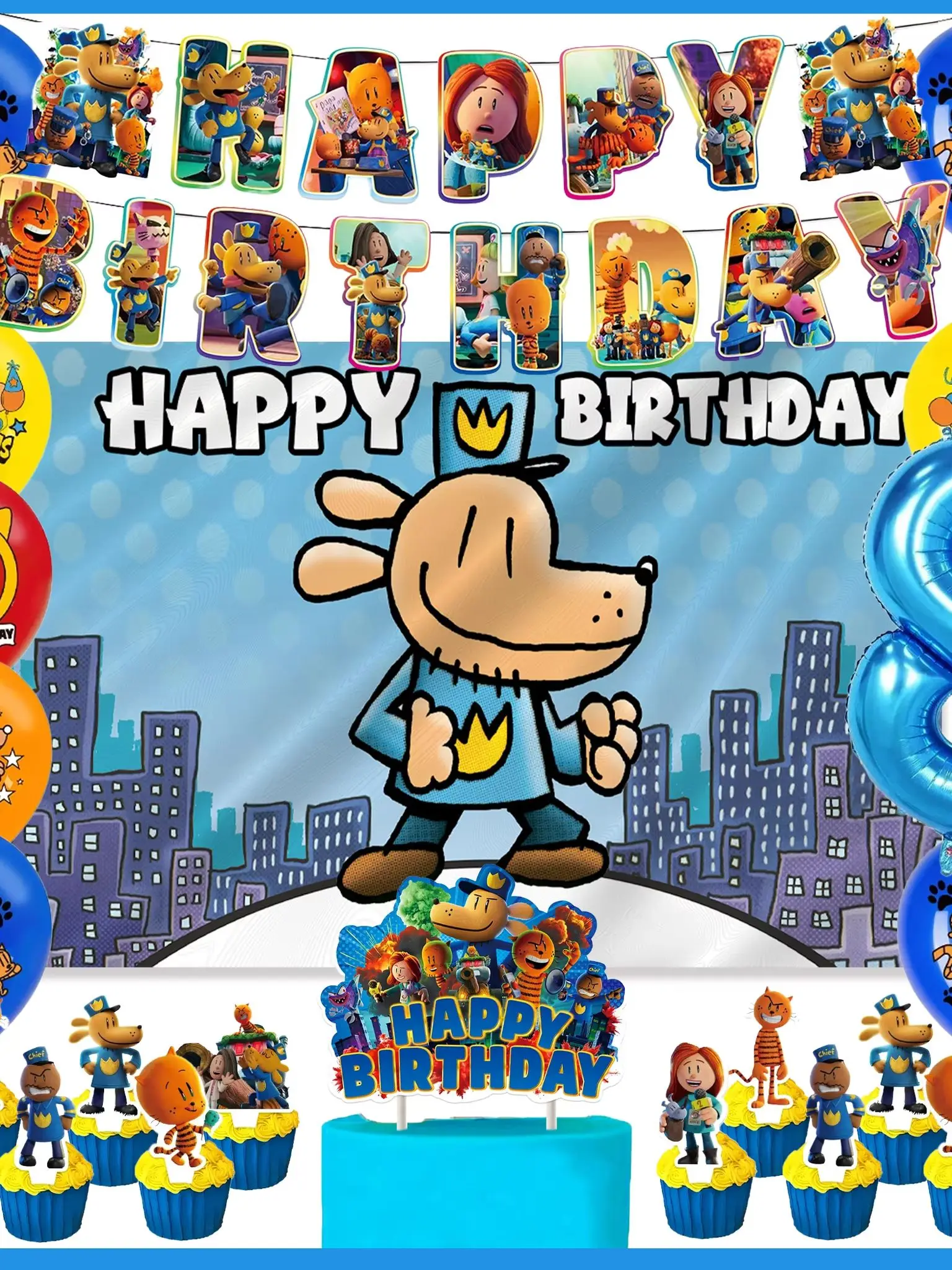 Zestaw Dekoracji na Urodziny dla Dzieci Dog Man: Baner, Tło, Topper na Tort, Balony, Akcesoria na Baby Shower, Upominki na Przyjęcia — 2