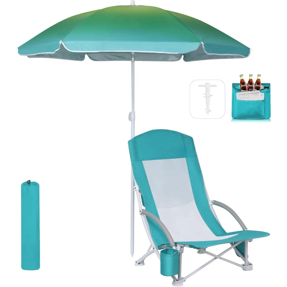 Strandstoel, strandstoelen voor volwassenen met parasol en koeler, hoge rugleuning, bekerhouder en draagtas en robuust compact buiten