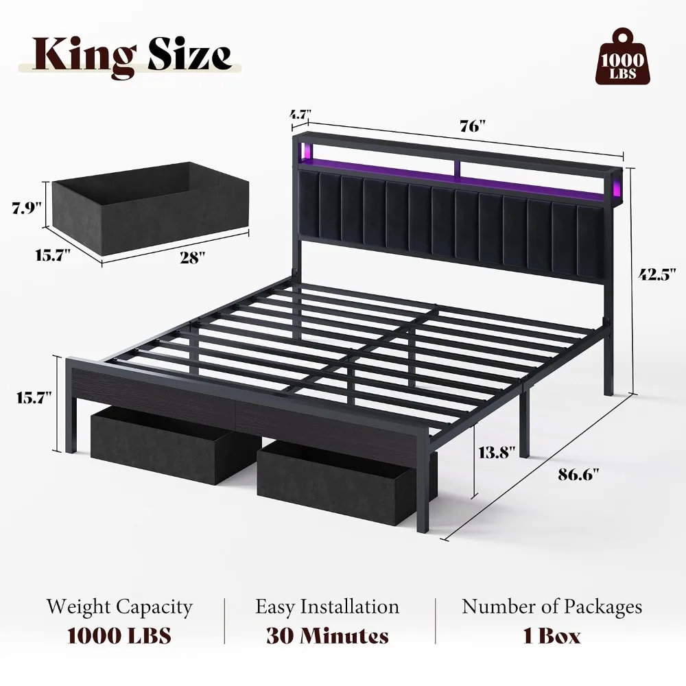 King Bed Frame with LED Light and 2 Storage Drawers, Metal Platform Bed with Storage Headboard, Velvet Upholstered,, Customized view 3