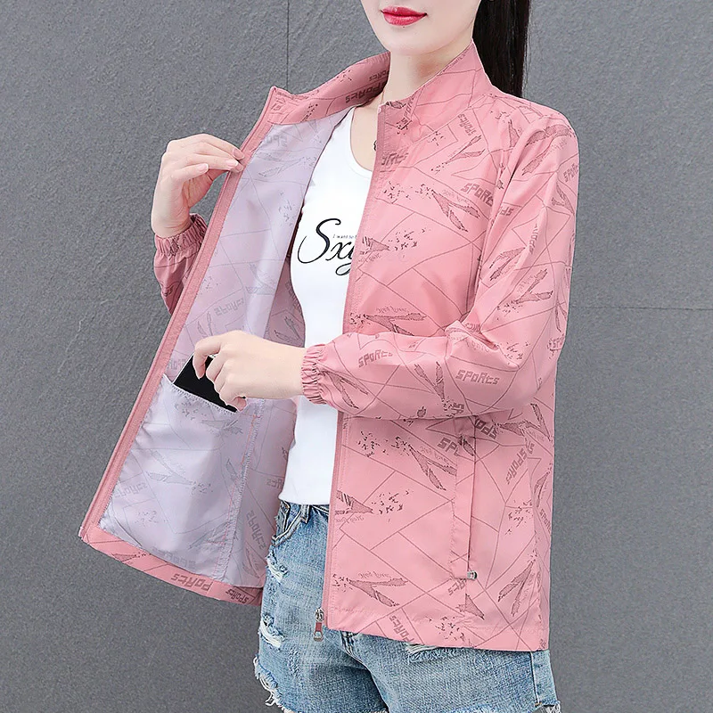 

Sunscreen Jacket Women's 2024 Summer New Outdoor Riding UV Protection Collar top fashion Long Sleeve Printed Thin Sunscreen coat