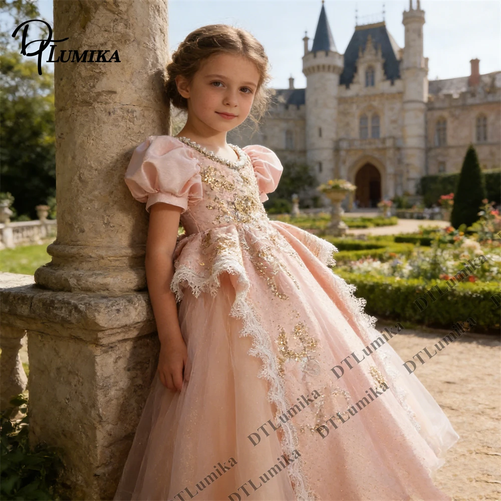 

Платья для девочек с жемчужными и кружевными деталями, пышными рукавами и золотыми пайетками, для дня рождения, причастия, торжественных мероприятий