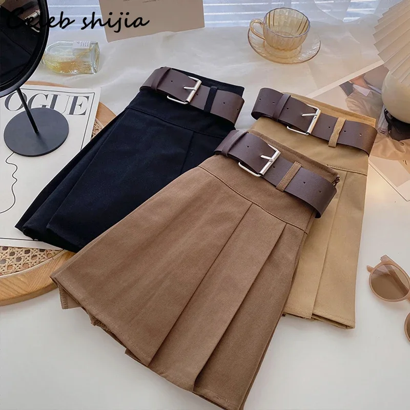 Coffee Skirts for Women High Waist  Summer Chic Pleated Skirt Korean Fashion Streetwear Bottoms Y2k Skirt with Belt