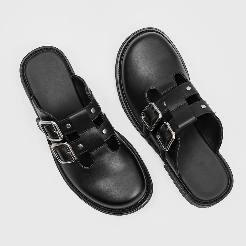 Retro Men Mule Shoes Black Men Casual Comfortable Stylish Double-button Slip-on Shoes for Commuting Sizes 38-46 Men Slippers