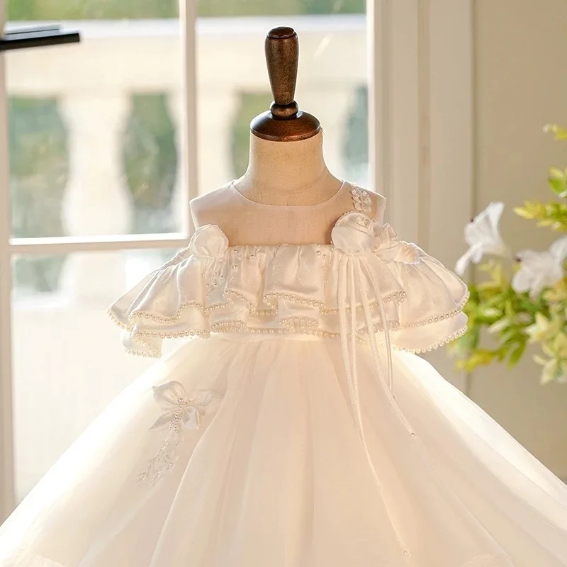Elegantes weißes Blumenmädchenkleid mit Schleppe Prinzessin Kleinkind Kinder Hochzeit 1. Geburtstag Festzug Party Urlaubskleid J414B