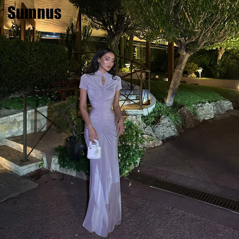 

Sumnus Simple Mermaid Purple Prom Dress High Neck Pleats Short Sleeveless Evening Dresses فساتين سهرة Customized
