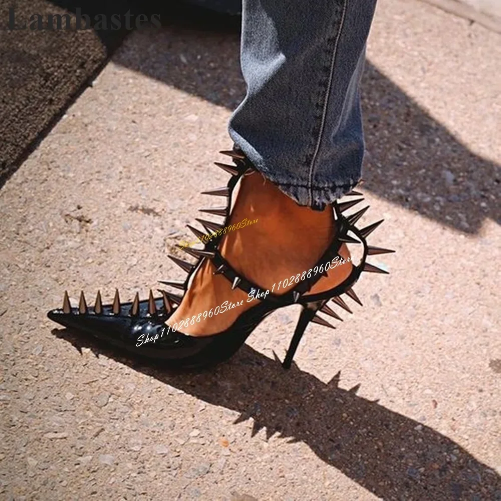 

Runway Black T Strap Rivet Decor Sandals Thin High Heel Women Shoes Ankle Buckle Strap Pointed Toe 2024 Sexy Zapatos Para Mujere
