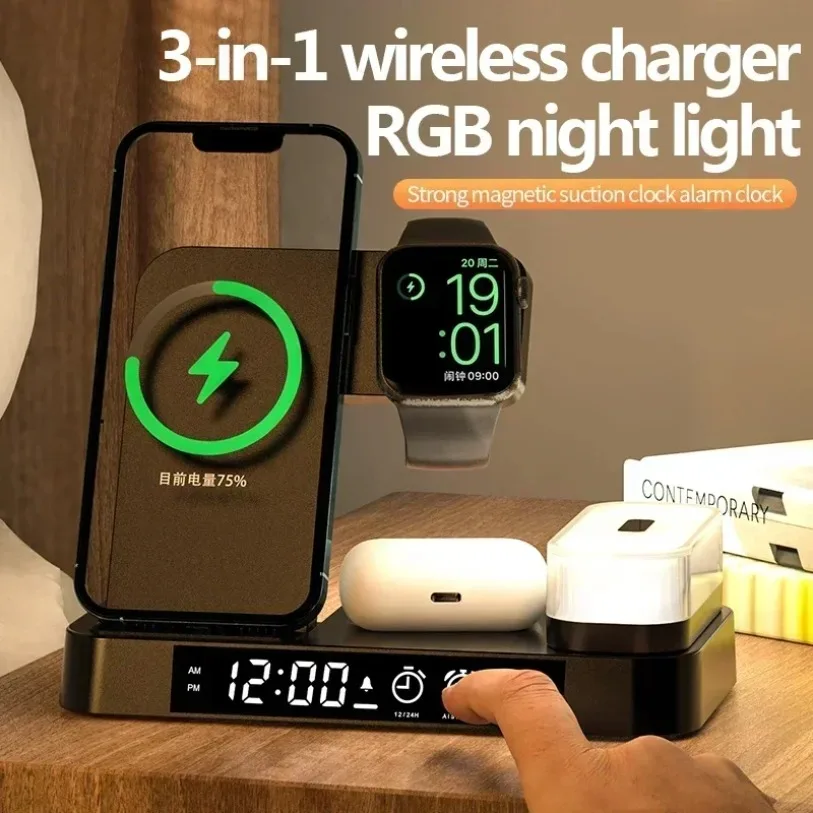 

Foldable 3 In 1 Wireless Charger Stand Alarm Clock RGB Night Light Desktop Phone Holder for iPhone iWatch Samsung Galaxy Watch
