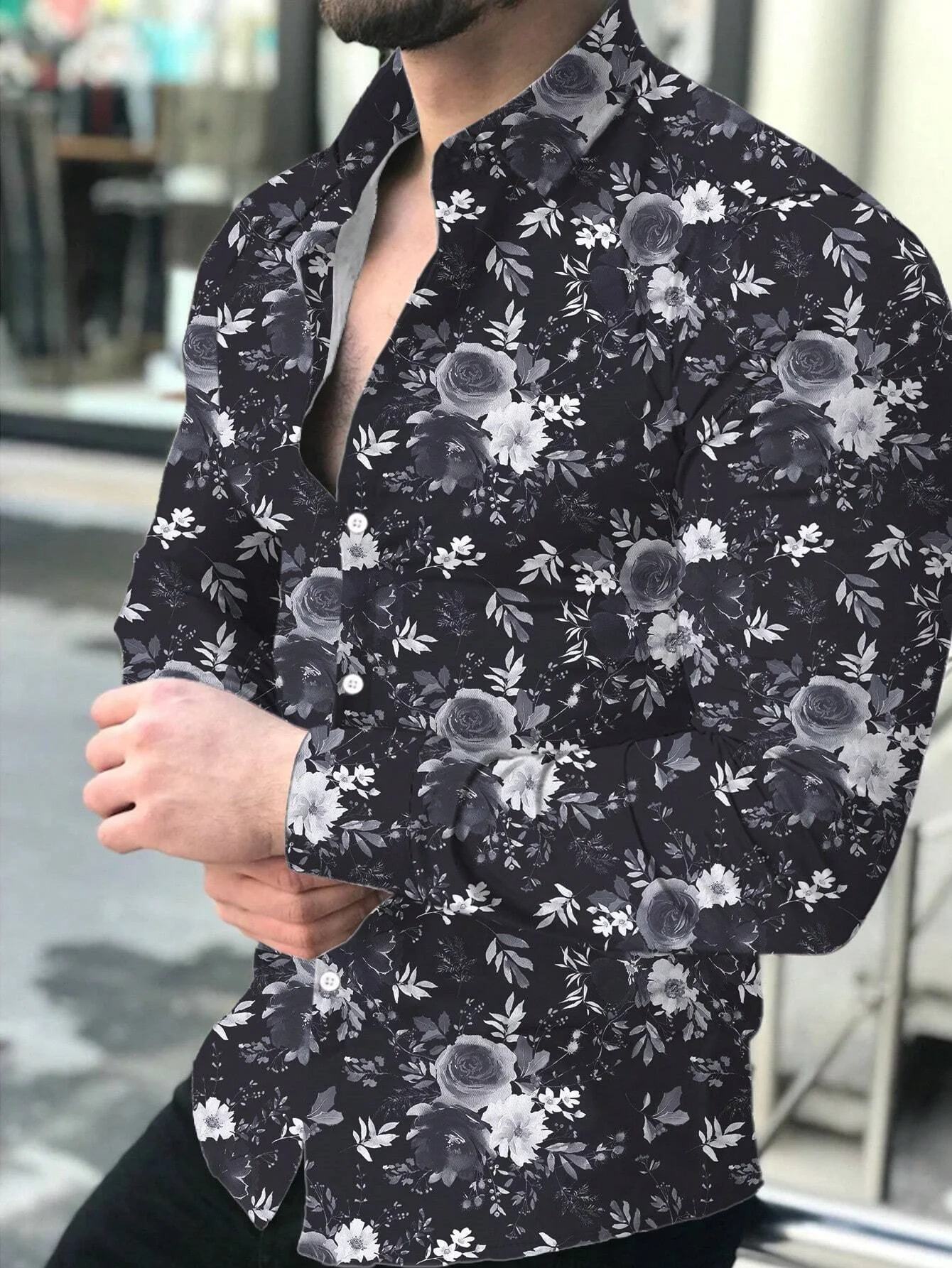 Autumn Men Lapel Collar Shirt Vintage Multi‑Color Blossom Foliage Graphic Polyester Long‑Sleeve Top