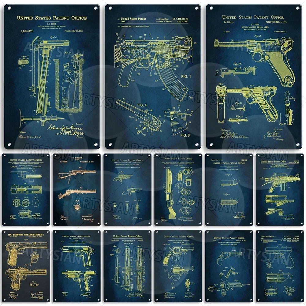 การออกแบบปืนป้ายโลหะอาวุธแผ่นสิทธิบัตร Browning ปืนพก Eugene Stoner AR-15 Phillips Bullet Wesson Revolver Schuetz AR-15