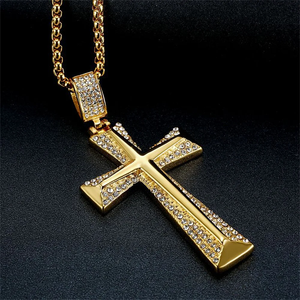 Iced Out Bling Cross Necklace For Men Gold Color CZ Cubic Zirconia Knight Cross Pendant Hip Hop Man Jewelry Gift Dropshipping