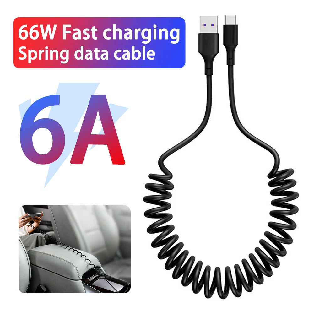 66W 6A Fast Charging Type C Cable Spring Car USB Cable for Xiaomi Huawei Honor Phone Charger USB C Cable