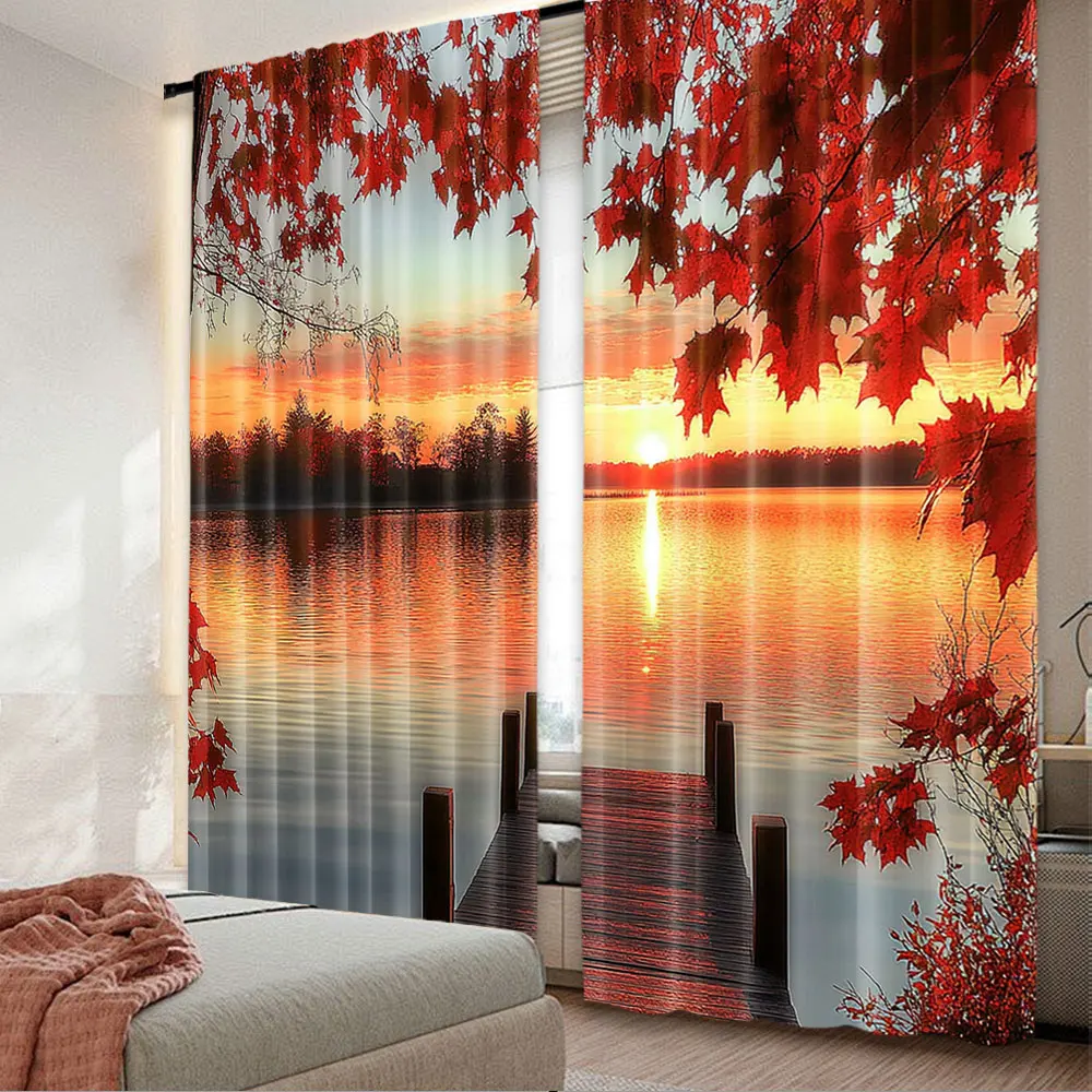 2Pcs Fall Curtains Autumn Lake Thanksgiving Holiday Curtain Maple Leaf Halloween Party Decor Modern Simplistic Drapes A