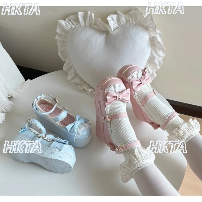Japanese Cute Sweet Elegant Heavy Industry Lace Bow Lolita Shoes Kawaii Heighten Platform Heel Shoes White High Heel Pumps Women