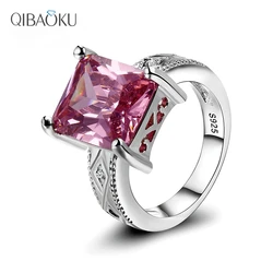 Silver Jewelry Cubic Zirconia Rectangle Pink Cushion Stone Rings Geometric Ring for Women Bridesmaid Wedding Party Gift Ring