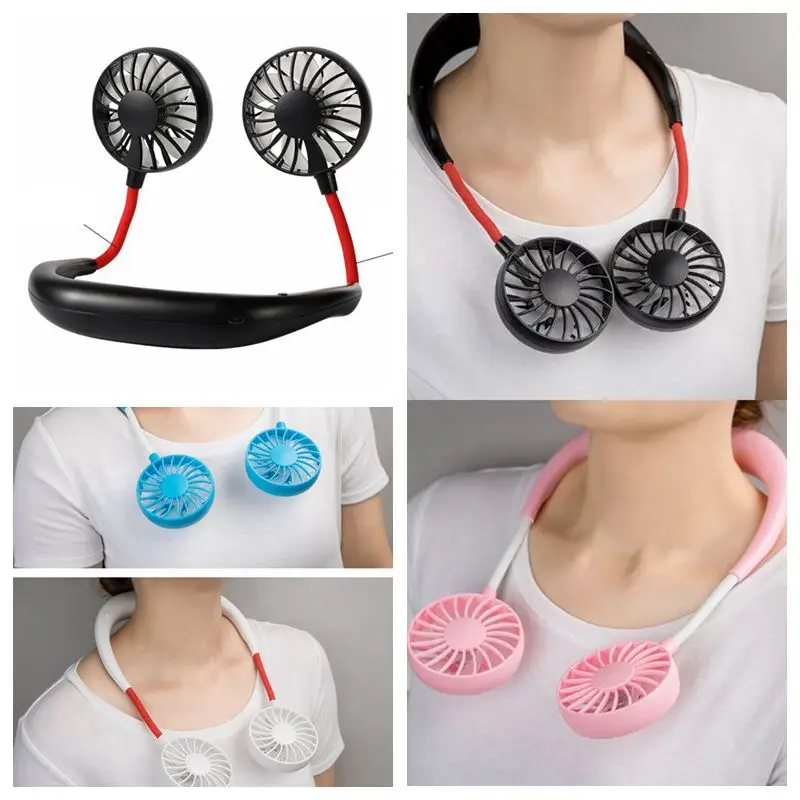 1Pc Portable Fans Hand Free Neckband Fans With USB Rechargeable Operated Dual Wind Head 3 Speed Adjustable Fan