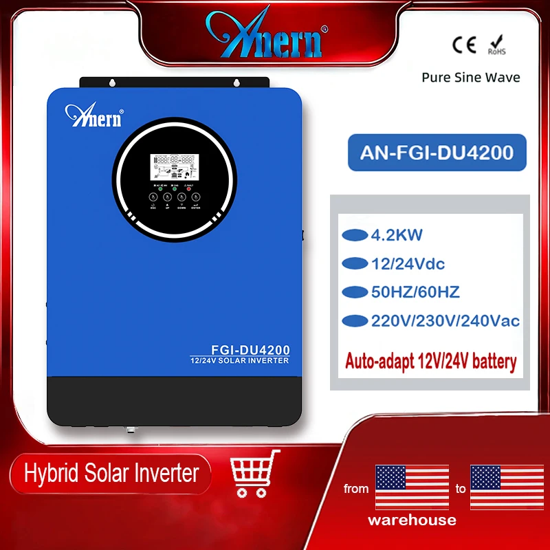 Anern 220V~240V 4200W Hybrid Solar Inverter Intelligent Auto-Adapts to 12V/24V Battery Pure Sine Wave Off-Grid with Built-In 100A Mppt