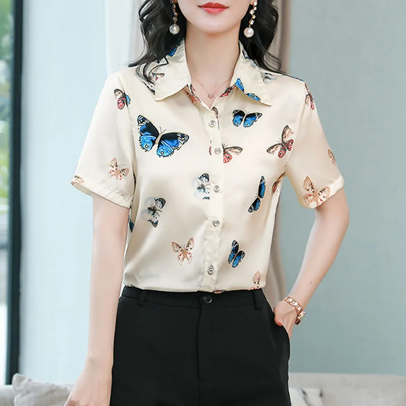 Blouses Shirts Women Shirt Blouse New Summer Short Sleeve Turn Down Collar Print Shirt Blouse Women Tops Blusas Para Mujer Q5446