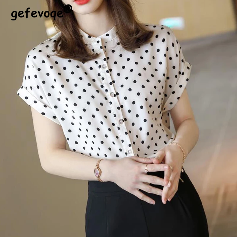 2022 Summer Sweat Loose Office Lady Elegant Fashion Women's Shirt Chiffon Polka Dot Stand Collar Female Blouse Chic Short Sleeve