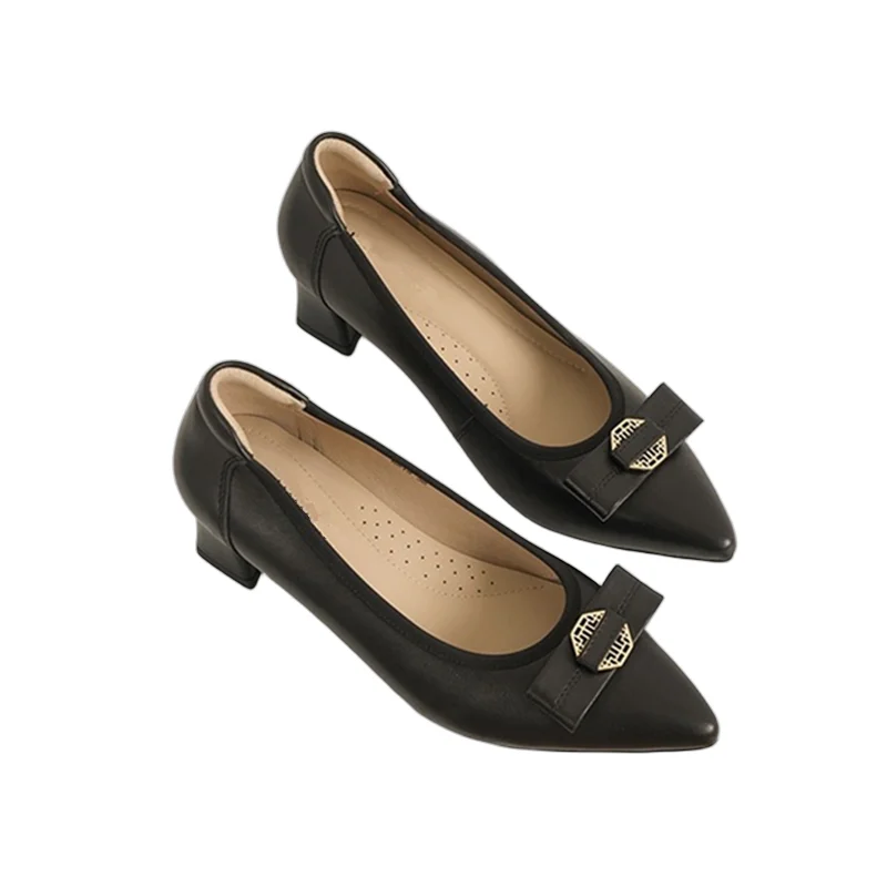 

Withered 2025 SS French Office Ladies Elegant Buckle 4.5cm High Heels Genuine Leather Comfortable Slip On Loafers Shoes Women