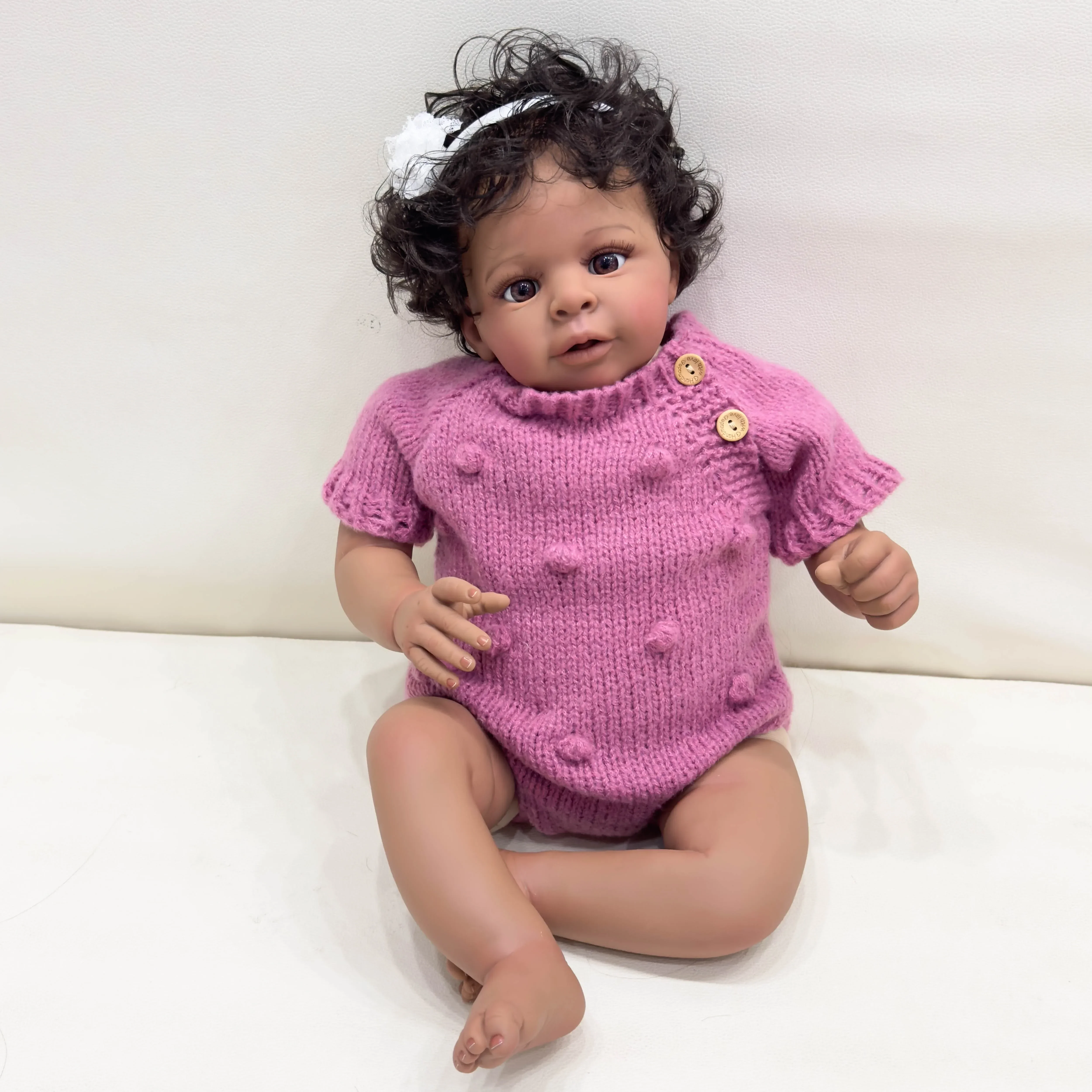 24Inch Jaylan Soft Cloth Body Dark Brown Skin Color Reborn Toddler African American Cuddly Baby Girl Doll Hand-rooted hair