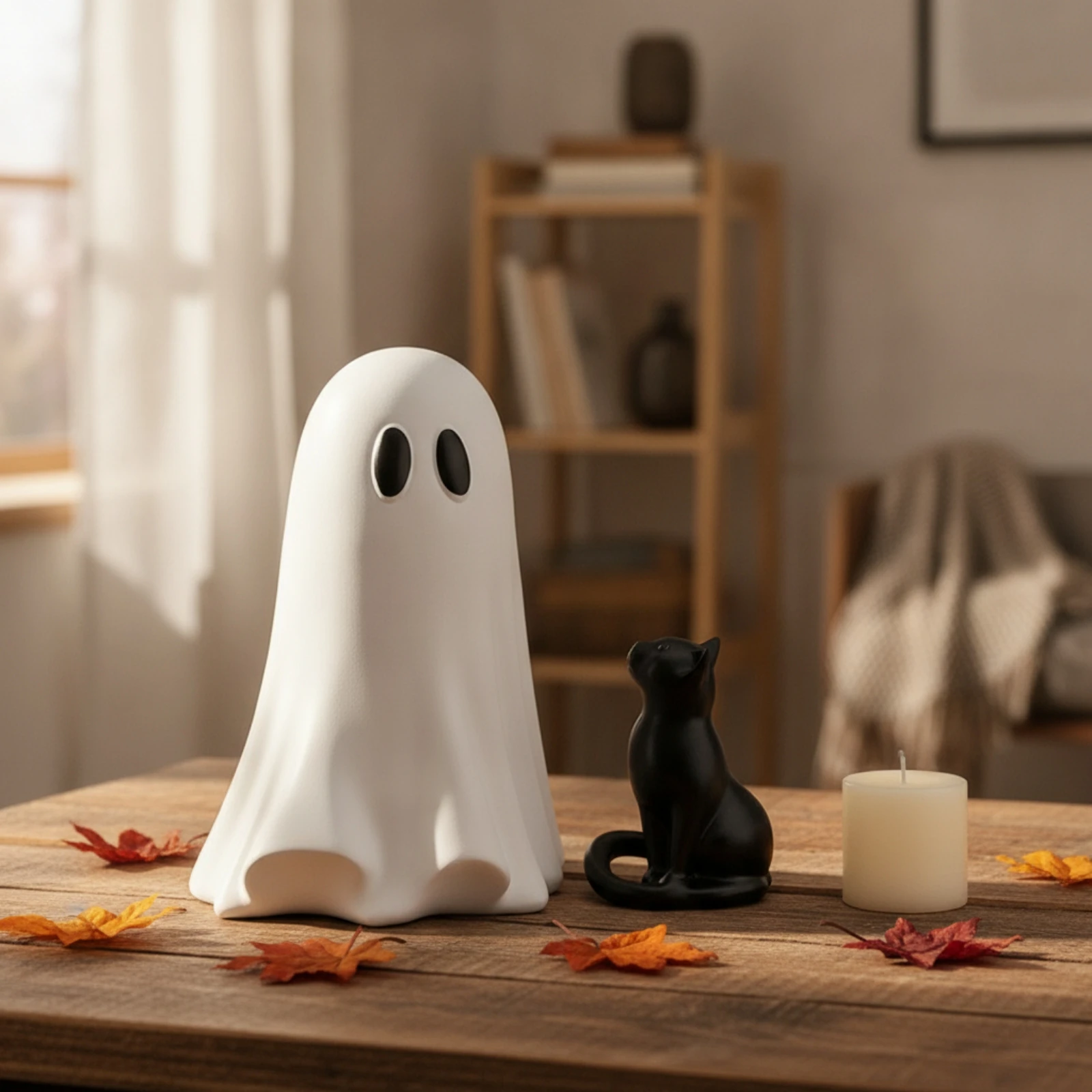 Ghost with Black Cat Festive Ghost Cat Figurine Decoration Spooky Decor Adorable for Shelf, Desk view 3