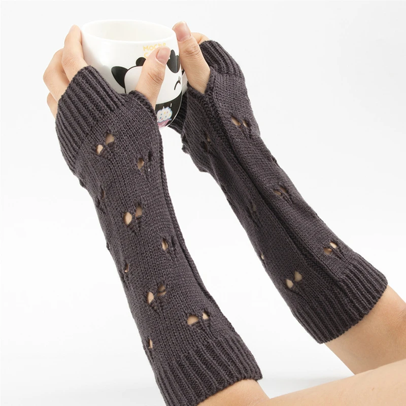 Women's Fashion Knitted Warm Pile Arm Cover Long Fingerless Gloves Winter Solid Casual Street Crochet Thumb Hole Arm Sleeves