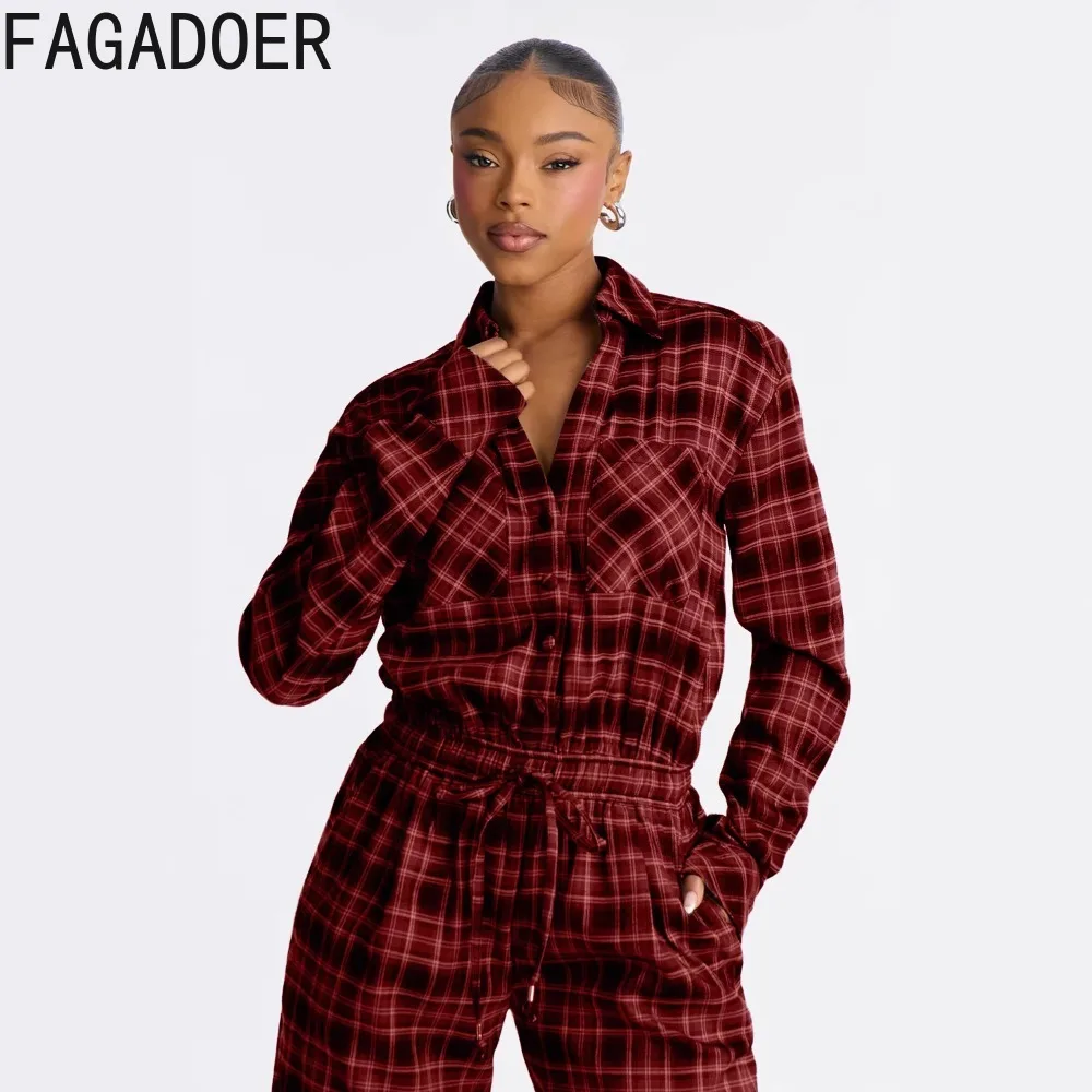 FAGADOER Fashion Checkered Print Bodycon Jumpsuits for Woman Long Sleeves Ruched Patchwork Rompers Female Streetwear Overalls