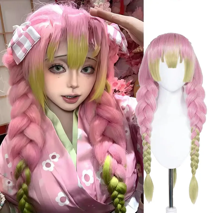 

Парик для косплея Mitsuri Kanroji Kimetsu no Yaiba, длинные розовые, зеленые, термостойкие волосы, подлинные волосы для косплея