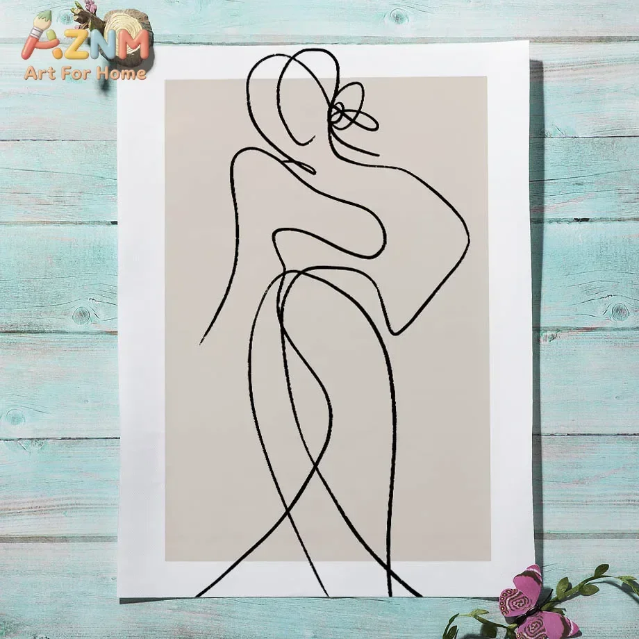 AZNM Neutral Abstract Line Figure Canvas Wall Art, Beige Black Brush Stroke Minimalist Print, Unframed Canvas Painting for Moder