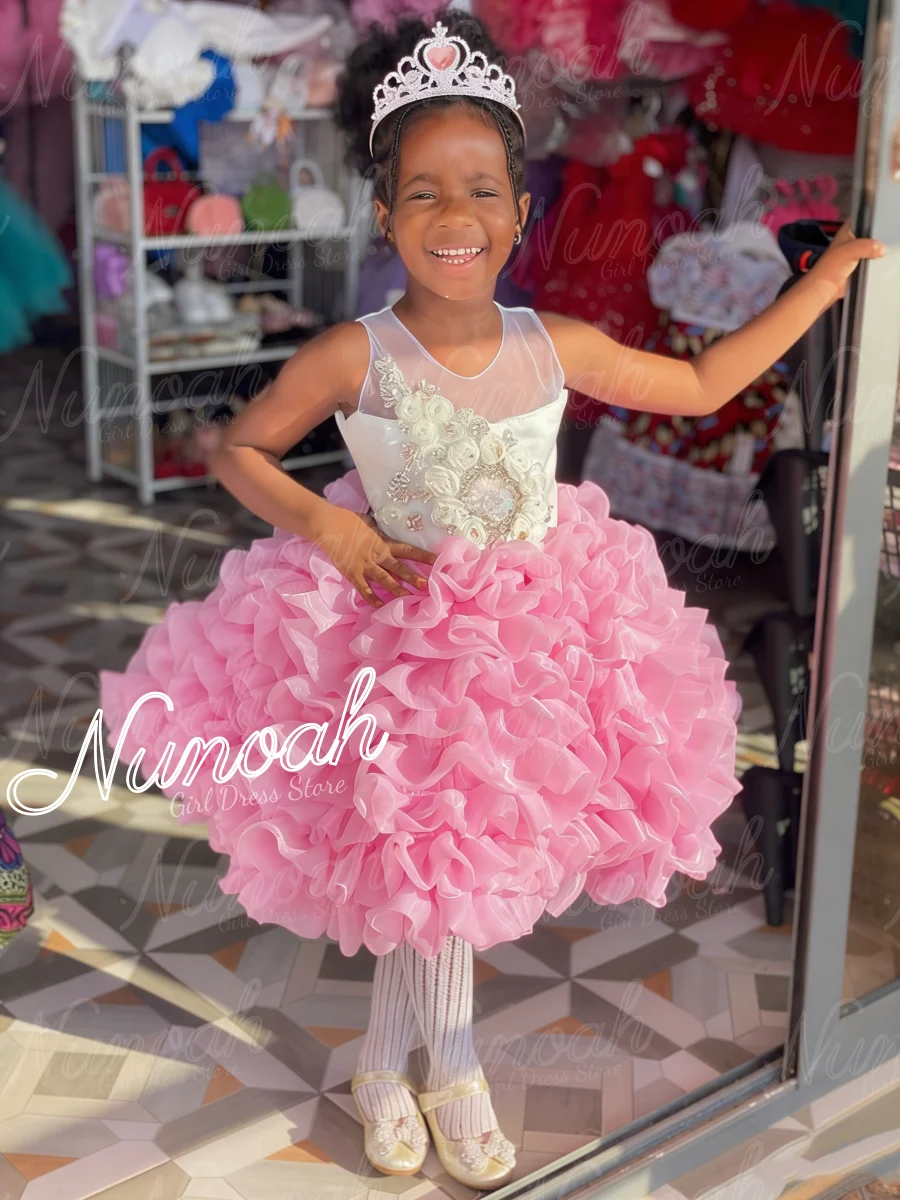 

Розовые платья для девочек на свадьбу с кружевными аппликациями, многослойные платья для девочек на день рождения, для фотосессий, на Первое причастие, на заказ