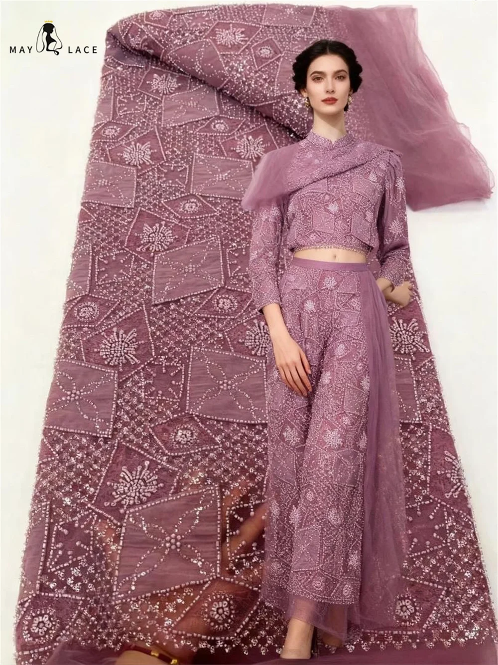 

Nigerian Lace Fabric 5 Yards High Quality 2025 African Sequins Fabric Luxury Beaded Fabric Luxury French Fabric For Dress Women