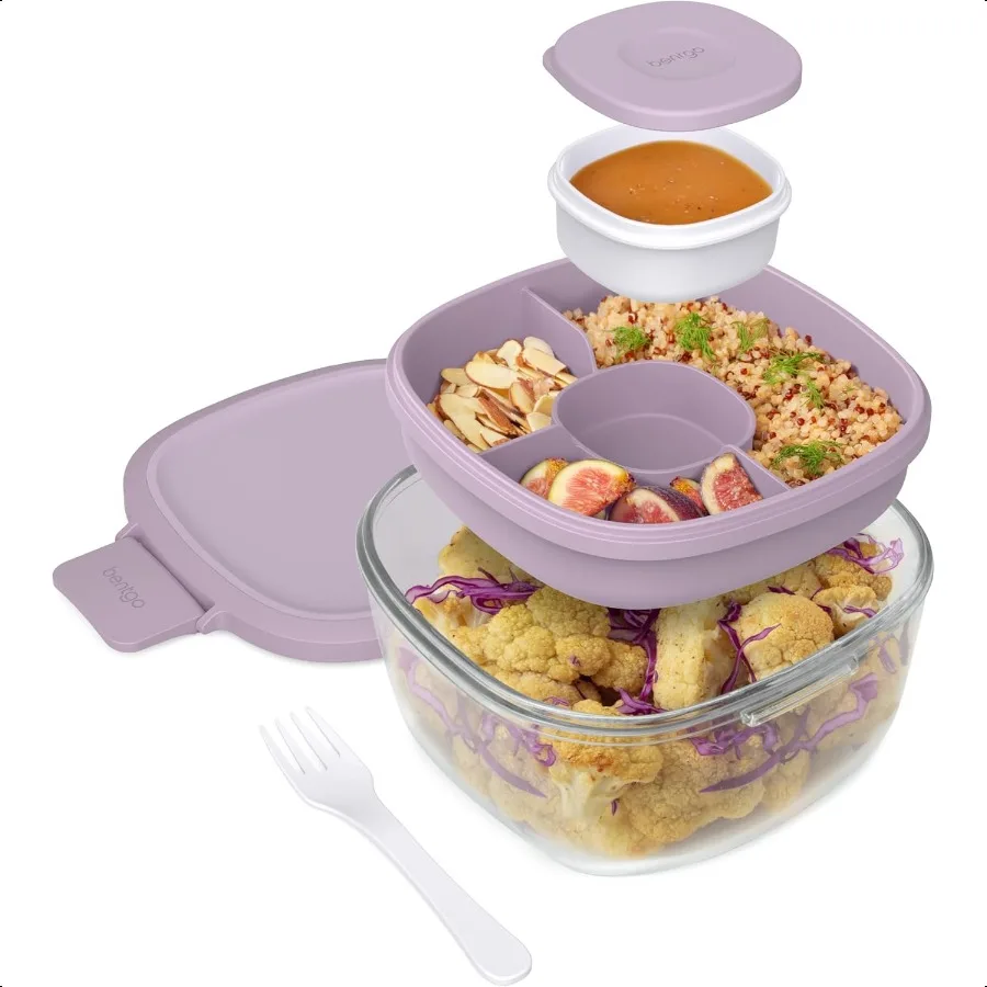 

Glass AllinOne Salad Container Large 61oz Salad Bowl with Lid 4Compartment BentoStyle Tray 3oz Sauce Container and Reusable For