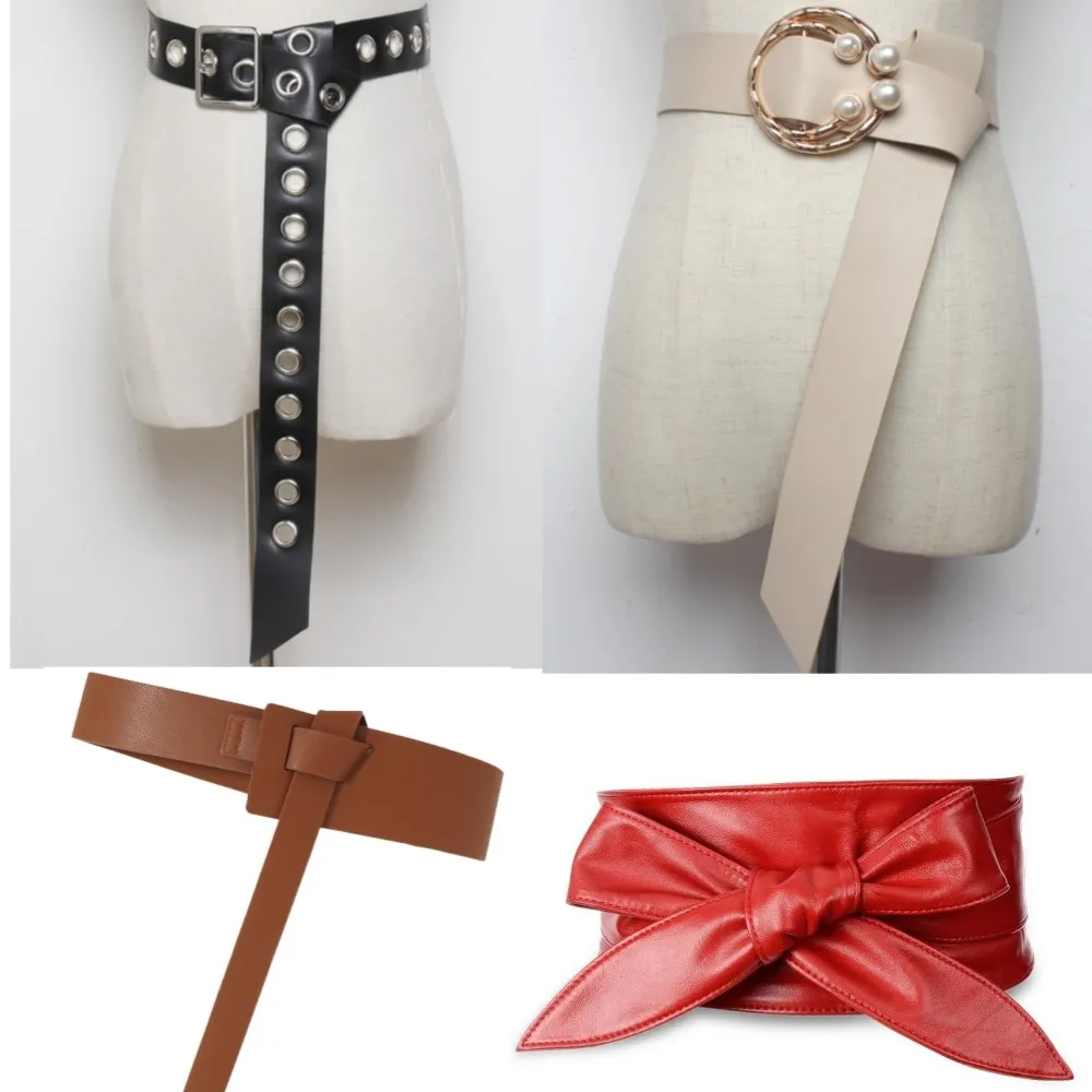 Fashion Long Knot Belts for Dress Brown Red Color New Soft Pu Leather Black Hollow Wide Velvet Waistbands for Women Party Girl