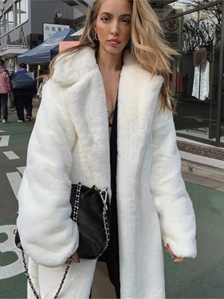 Elegant Lady Long Fur Coat with Belt 2023 New Autumn Winter Faux Mink Fur Lapel Jacket White Furry Overcoat Fashion Streetwear