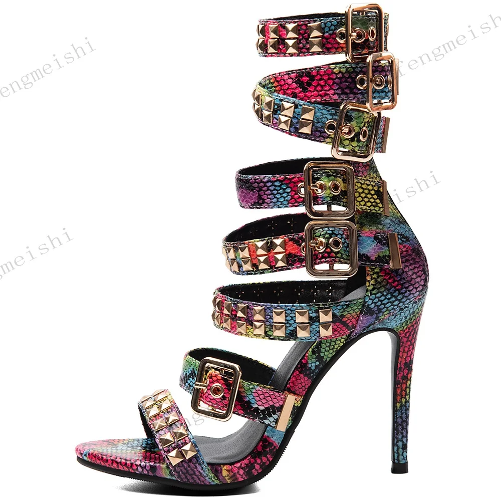 Women Multicolor Snake Print Gladiator Sandals Metal Rivet Buckle Straps Open Toe Stiletto High Heel Party Fashion Ladies Sandal