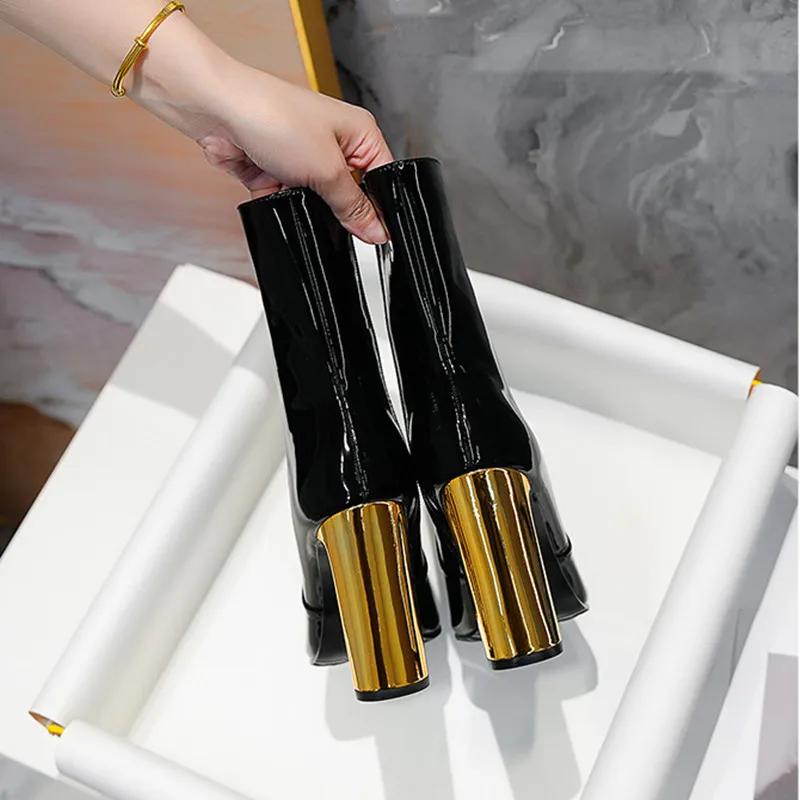 2025 Autumn Winter Patent Leather Fashion Women Ankle Boots Elegant Square toe Metal Gold High heels Chelsea Short Boots Shoes