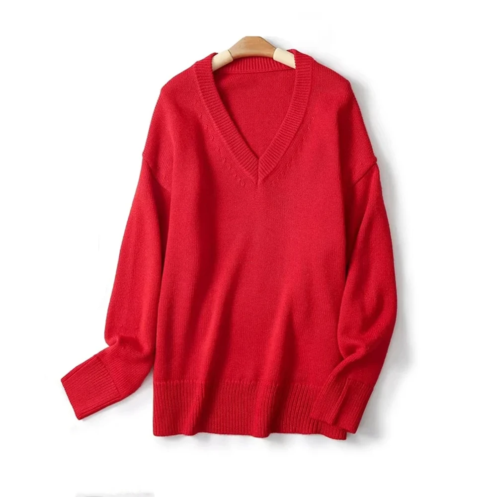 Cos Lris2024 red elegant temperament autumn new V-neck long sleeved sweater knitted sweater for women 05722601600