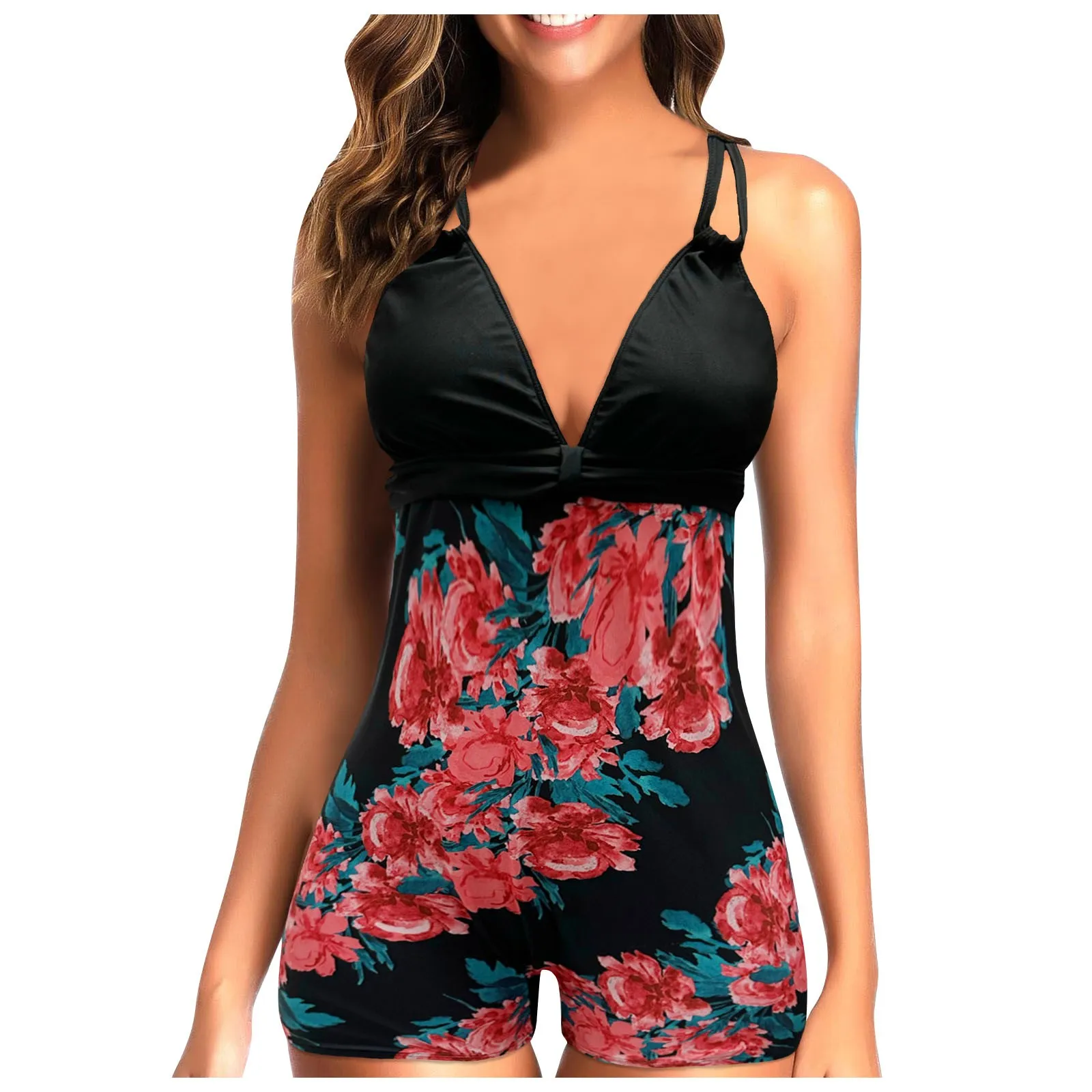 

Women's Summer Fashion Floral Print Hanging Neck Deep V One Swimsuit Sexy Backless One Swimsuit High Waist Thong Bikini