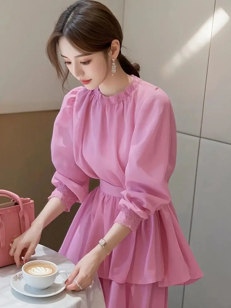 

Dragon Fruit Chiffon irt Women's Spring 2026 New Sle Unique Fairy-Like Top Korean Loose Fit Lace Splice Long Sve round...