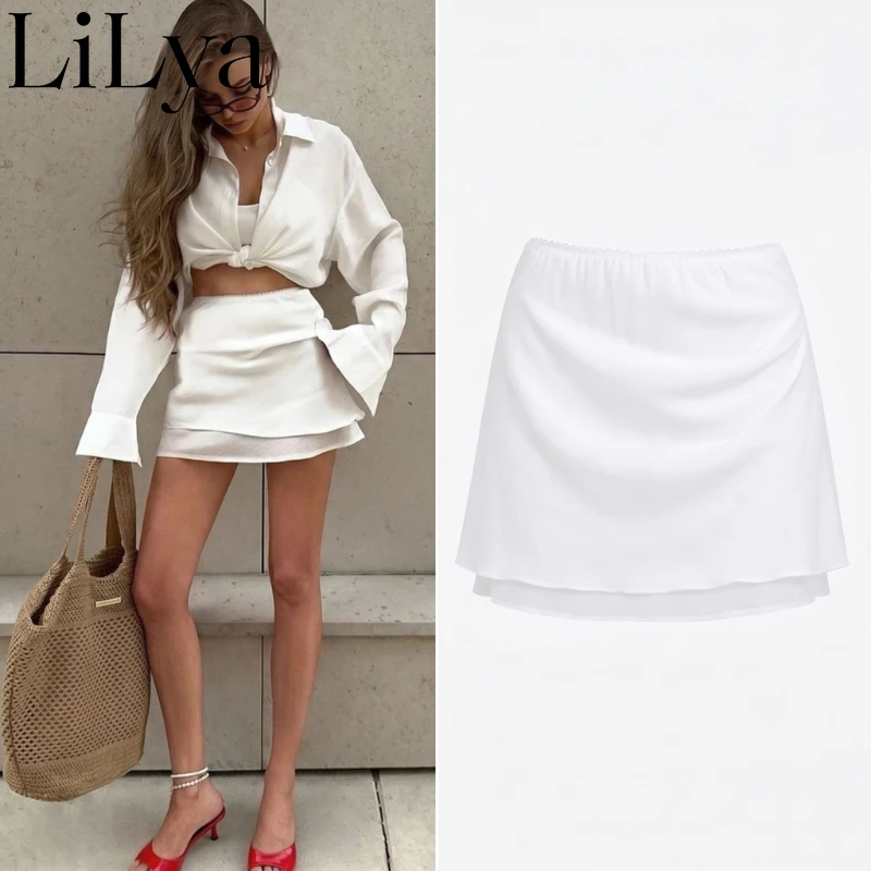 White Satin Layer Mini Skirt Women Street Elastic Waist Straight Summer Casual Lace A-line Stylish Textured Chic Woman Skirt