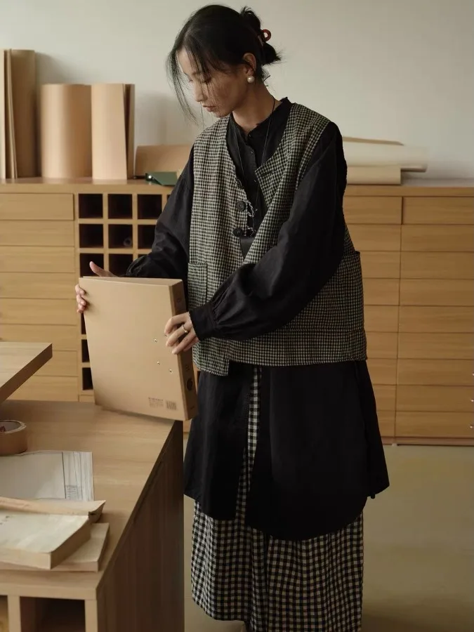 

Художественный двусторонний кардиган в клетку в стиле ретро, женский свободный жилет, топ, весенне-осенний дизайн, верхняя одежда Sense