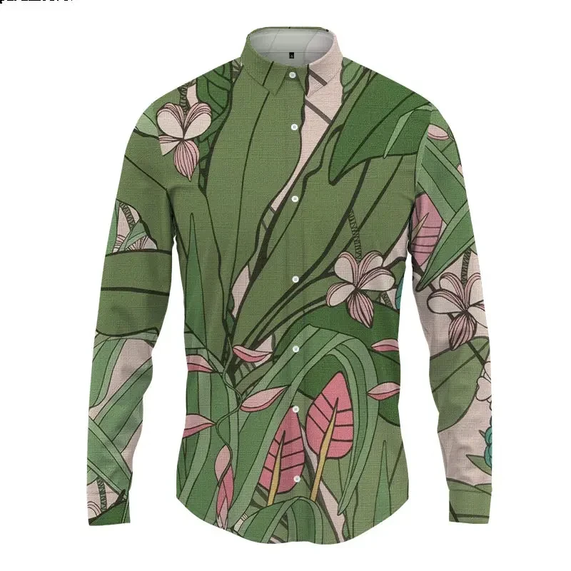 Hawaiian Shirt Man Plant 3D Printing Mens Casual Long Sleeve Top Fashion Button Lapel Spring And Autumn Tops Men's Shirt Clothes