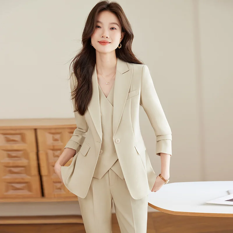

Pink professional suit set for women, new spring and autumn style, high-end commuter formal suit with vest, three-piece set