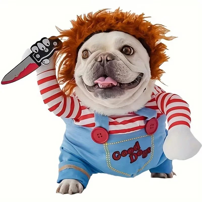 Vêtements d'Halloween pour chien, tenue de fête transformée et perruque pour animaux de compagnie, accessoires de fête, poupée sanglante amusante avec couteau, costume de chien