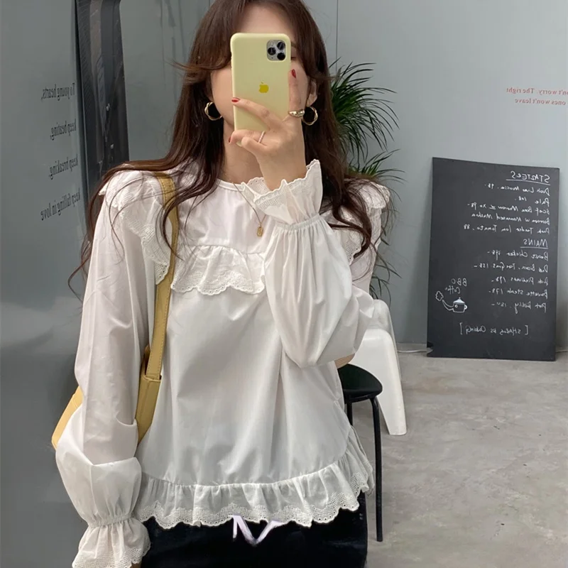 

Chic Early Spring Sweet Fene Lace Trim White Long Sve round Ne Women's irt Korean Sle Commute Pure Color Loose Fit