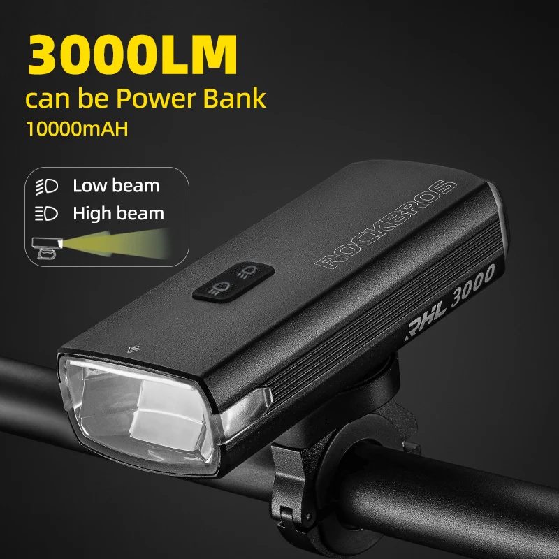 ROCKBROS 3000LM 10000mAH Bicycle Light Power Bank Bike Front Light Type-C Rechargeable Lamp Light MTB Road Cycling Headlights