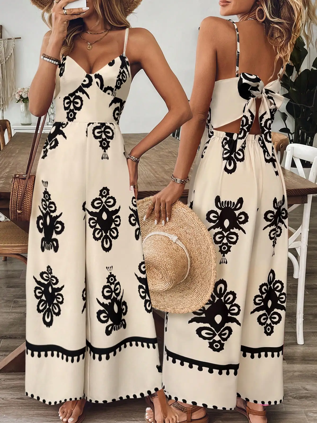 

Boho Off-Shoulder Jumpsuit - Back Bow Cutout & Wide Leg for Beach Vacations