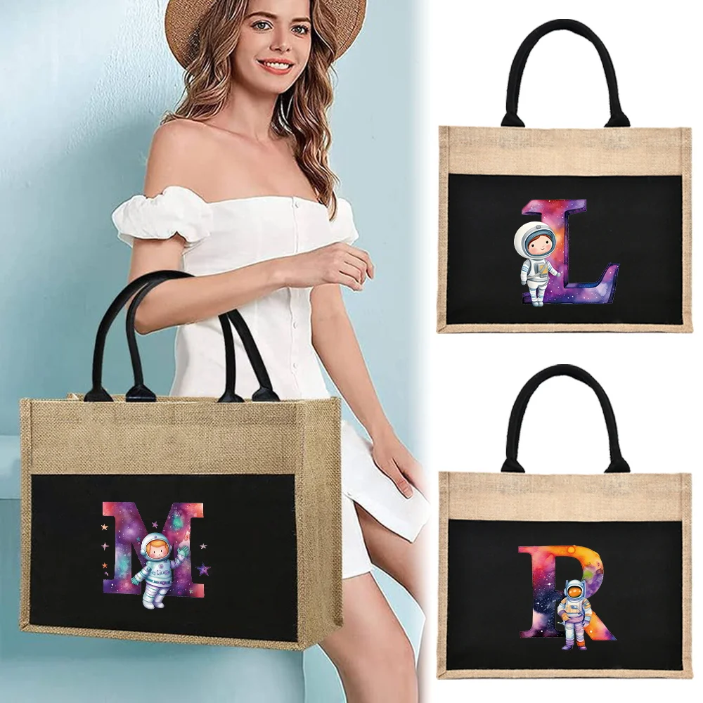 

Хлопково-льняная сумка, складная сумка для покупок, повседневная портативная сумка-органайзер, серия с буквами астронавта, винтажные продуктовые сумки
