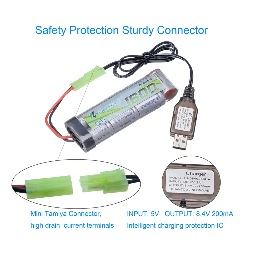 Paquete de batería plana NiMH 7S 2/3A 8,4 V 1600mAh con Mini conector Tamiya para pistolas Airsoft MP5, Scar, M249, M240B, M60
