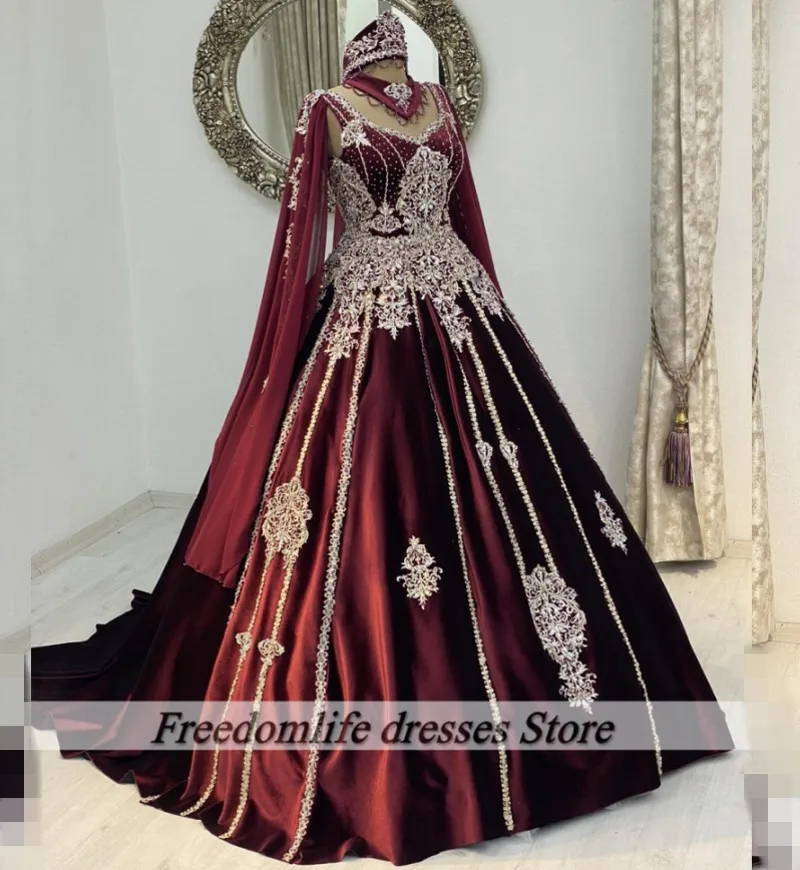 Tradicional caftan borgonha vestidos de noite renda applqiue formal marocain vestidos de festa 2025 vestido de baile robe de mariage personalizado